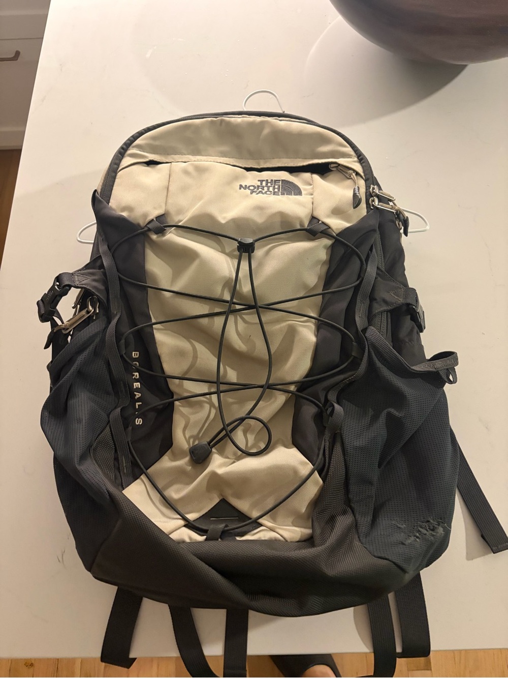 The North Face Men's Backpack in Black and Cream with Front Bungee